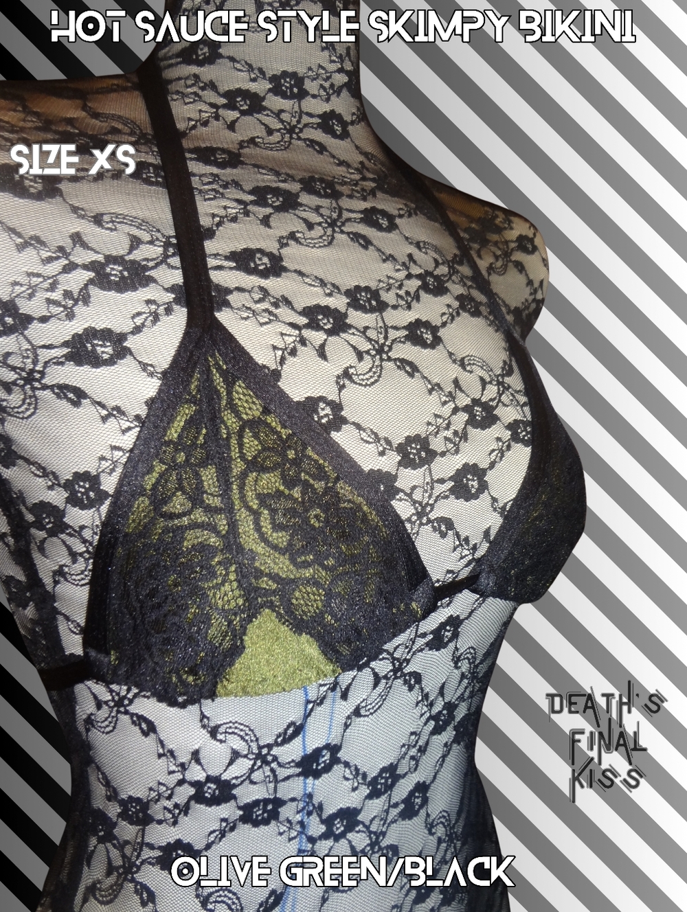 HTF Sexy Hot Sauce Style Olive Green Black Lace Skimpy Triangle Slider Bikini XS